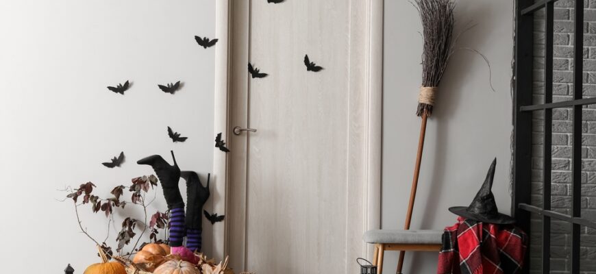 Wooden,Door,With,Paper,Bats,In,Hall,Decorated,For,Halloween