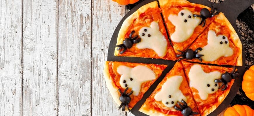 Halloween,Pizza,Top,View,Table,Scene,On,A,Rustic,White