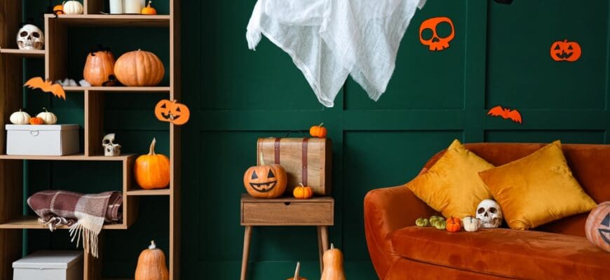 Interior,Of,Living,Room,Decorated,For,Halloween,With,Sofa,And